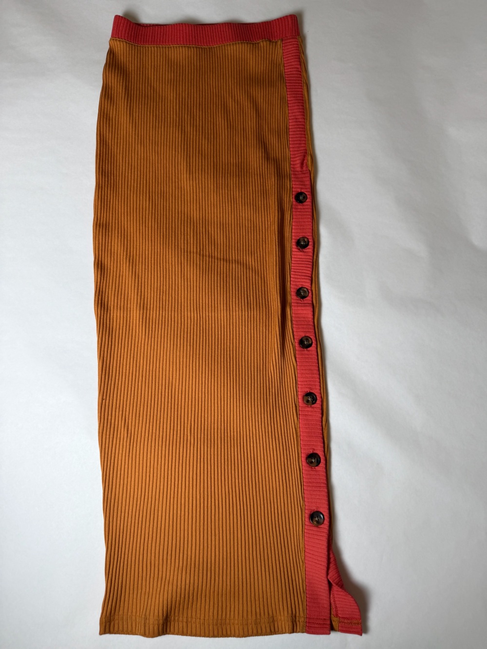 Color-Block Ribbed Midi Skirt in Rust with Coral Trim